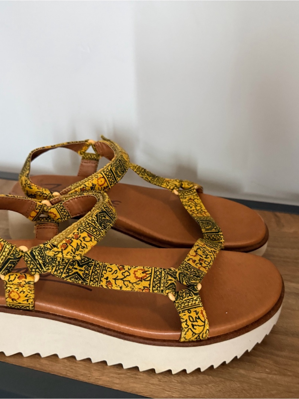 Yellow Patterned Strappy Platform Sandals - Women's
